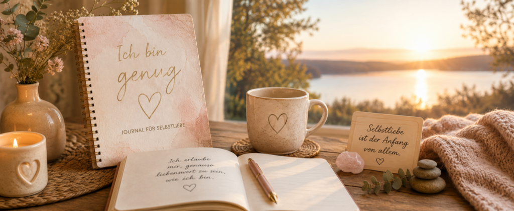 Das Bild veranschaulicht den Blogbeitrag über Selbstliebe, innere Heilung und das Journal „Ich bin genug“ als Begleiter auf dem Weg zu mehr Selbstannahme.