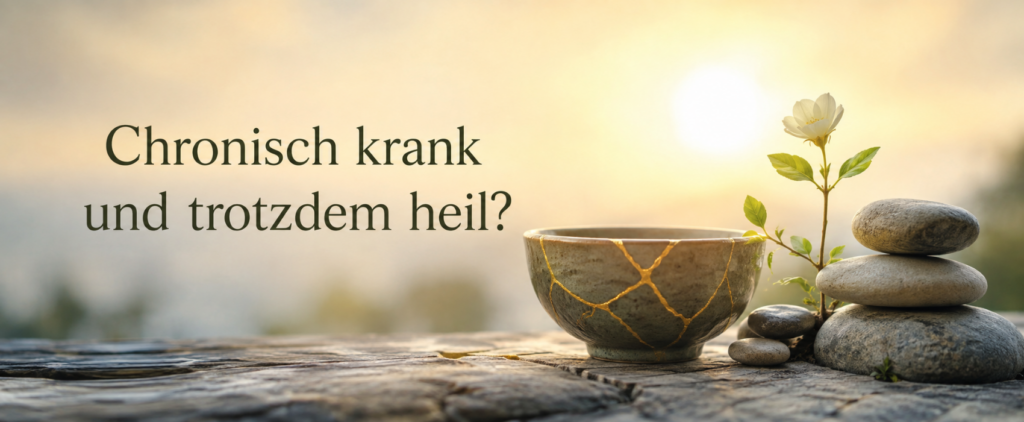 Kintsugi-Schale, Steine und Blume als Symbol für innere Heilung trotz chronischer Krankheit.
