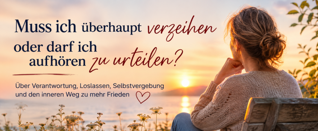 Frau sitzt bei Sonnenuntergang am See und blickt aufs Wasser – Symbol für Vergebung, Loslassen und inneren Frieden.